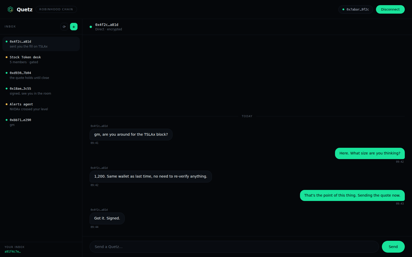The Quetz inbox showing encrypted conversations