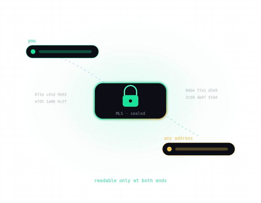 An encrypted message travelling between two addresses
